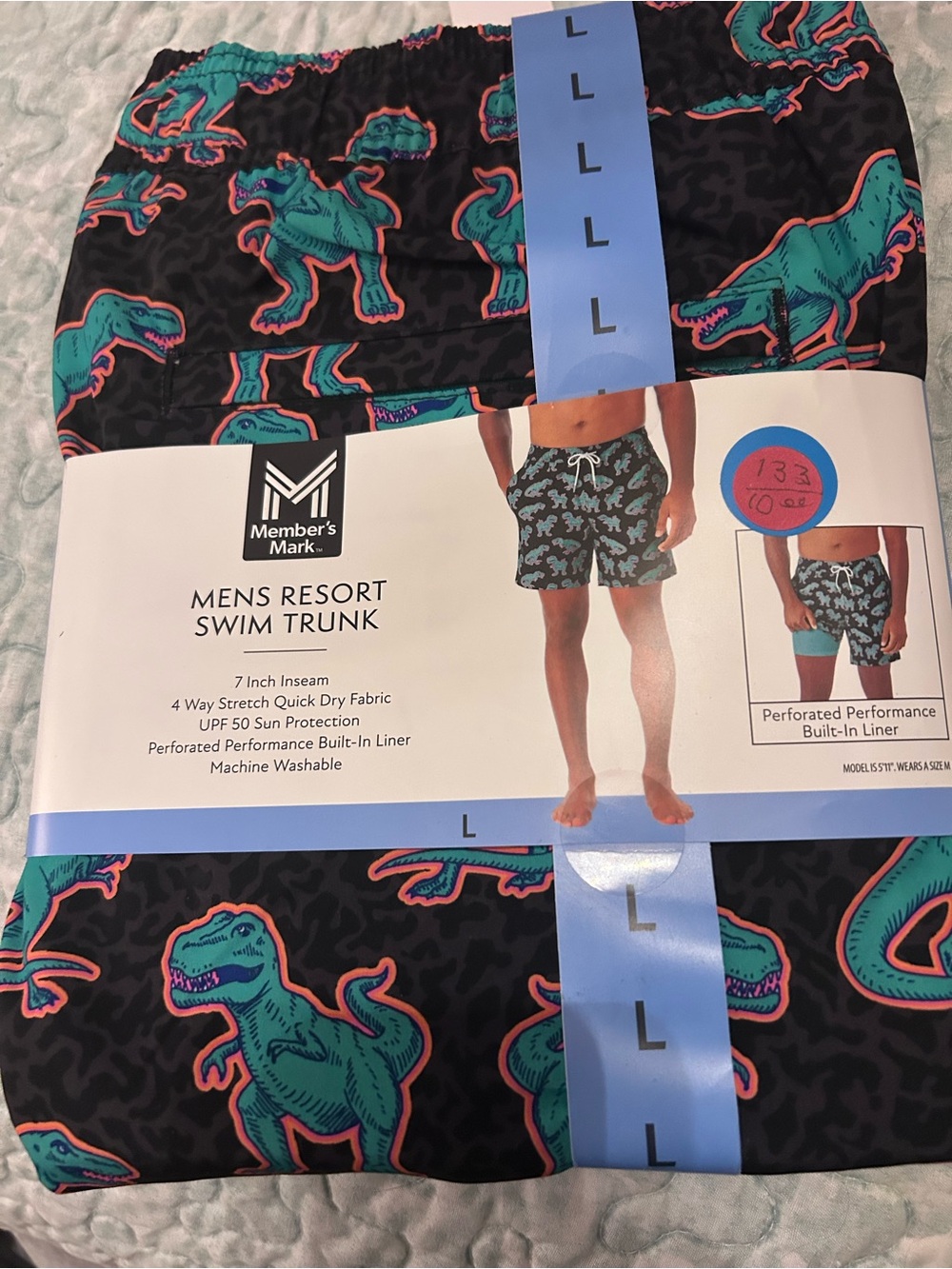 Member's Mark Black Swim Trunks with Teal & Coral Dinosaur Print